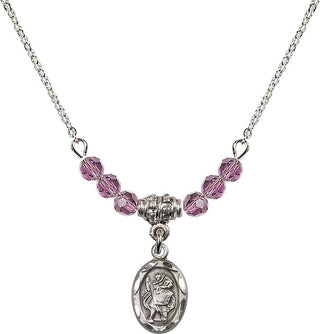 18" Rhodium Plated Necklace with 4mm Light Amethyst Crystal Beads featuring a Sterling Silver Saint Christopher Medal.