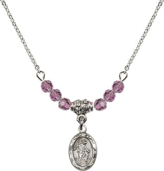 18" Rhodium Plated Necklace with 4mm Light Amethyst Crystal Beads featuring a Sterling Silver Guardian Angel Medal.