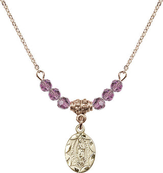 18" Hamilton Gold Plated Necklace with 4mm Light Amethyst Crystal Beads featuring a 14kt Gold Filled Our Lady of Guadalupe Medal.