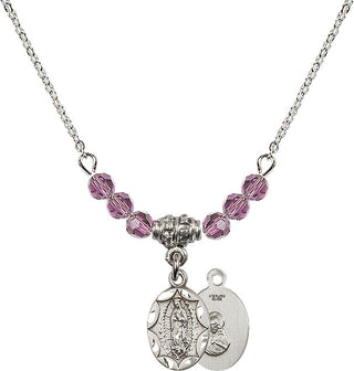 18" Rhodium Plated Necklace with 4mm Light Amethyst Crystal Beads featuring a Sterling Silver Our Lady of Guadalupe Medal.