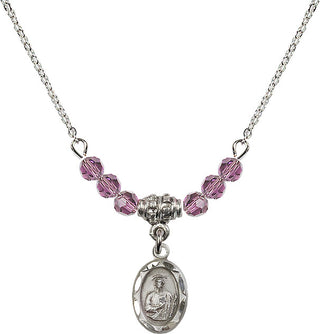 18" Rhodium Plated Necklace with 4mm Light Amethyst Crystal Beads featuring a Sterling Silver Saint Jude Medal.
