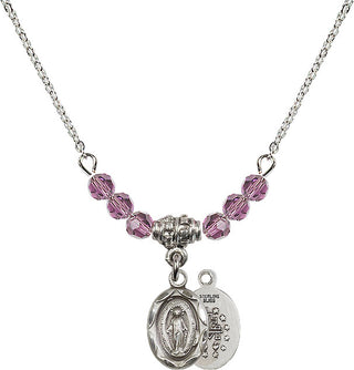 18" Rhodium Plated Necklace with 4mm Light Amethyst Crystal Beads featuring a Sterling Silver Miraculous Medal.