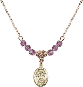18" Hamilton Gold Plated Necklace with 4mm Light Amethyst Crystal Beads featuring a 14kt Gold Filled Saint Michael the Archangel Medal.