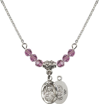 18" Rhodium Plated Necklace with 4mm Light Amethyst Crystal Beads featuring a Sterling Silver Scapular Medal.