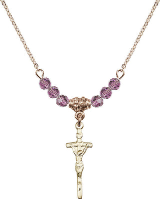 18" Hamilton Gold Plated Necklace with 4mm Light Amethyst Crystal Beads featuring a 14kt Gold Filled Papal Crucifix Medal.