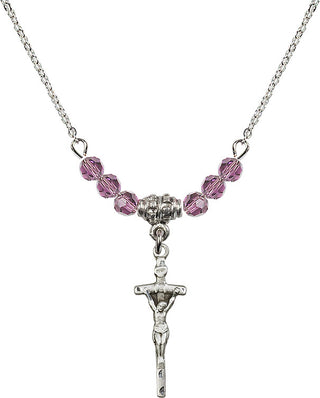 18" Rhodium Plated Necklace with 4mm Light Amethyst Crystal Beads featuring a Sterling Silver Papal Crucifix Medal.