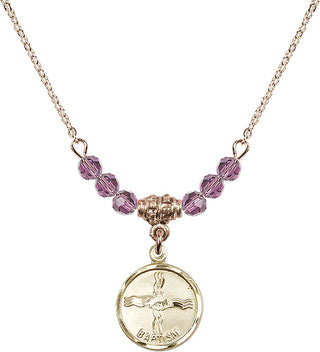 18" Hamilton Gold Plated Necklace with 4mm Light Amethyst Crystal Beads featuring a 14kt Gold Filled Baptism Medal. Engraved Catholic Saint Jewelry