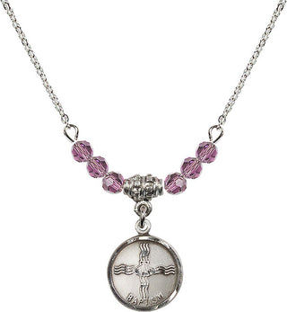 18" Rhodium Plated Necklace with 4mm Light Amethyst Crystal Beads featuring a Sterling Silver Baptism Medal. Engraved Catholic Saint Jewelry