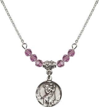 18" Rhodium Plated Necklace with 4mm Light Amethyst Crystal Beads featuring a Sterling Silver Saint Christopher Medal. Engraved Catholic Saint Jewelry