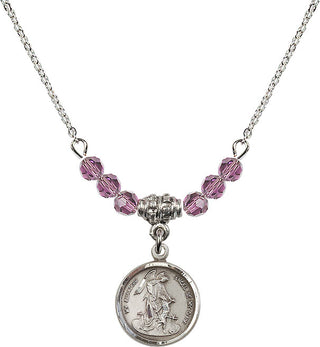18" Rhodium Plated Necklace with 4mm Light Amethyst Crystal Beads featuring a Sterling Silver Guardian Angel Medal. Engraved Catholic Saint Jewelry