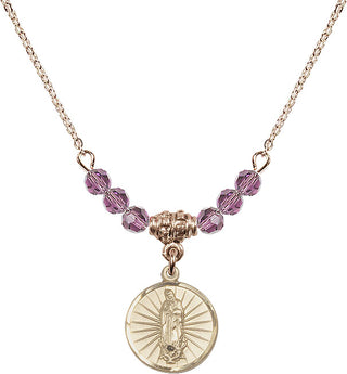 18" Hamilton Gold Plated Necklace with 4mm Light Amethyst Crystal Beads featuring a 14kt Gold Filled Our Lady of Guadalupe Medal. Engraved Catholic Saint Jewelry