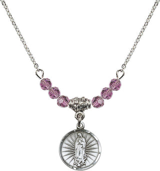 18" Rhodium Plated Necklace with 4mm Light Amethyst Crystal Beads featuring a Sterling Silver Our Lady of Guadalupe Medal. Engraved Catholic Saint Jewelry