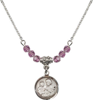18" Rhodium Plated Necklace with 4mm Light Amethyst Crystal Beads featuring a Sterling Silver Saint Joseph Medal. Engraved Catholic Saint Jewelry