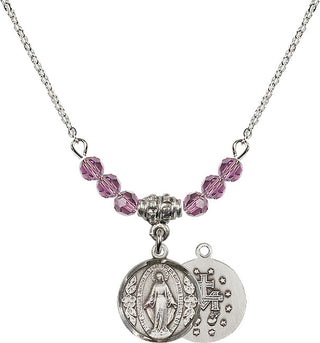 18" Rhodium Plated Necklace with 4mm Light Amethyst Crystal Beads featuring a Sterling Silver Miraculous Medal.