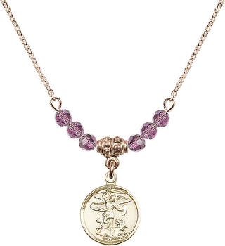 18" Hamilton Gold Plated Necklace with 4mm Light Amethyst Crystal Beads featuring a 14kt Gold Filled Saint Michael the Archangel Medal.