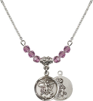 18" Rhodium Plated Necklace with 4mm Light Amethyst Crystal Beads featuring a Sterling Silver Saint Michael the Archangel Medal.
