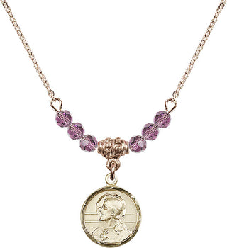 18" Hamilton Gold Plated Necklace with 4mm Light Amethyst Crystal Beads featuring a 14kt Gold Filled Scapular Medal.