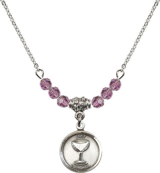 18" Rhodium Plated Necklace with 4mm Light Amethyst Crystal Beads featuring a Sterling Silver Communion Medal. Engraved Catholic Saint Jewelry
