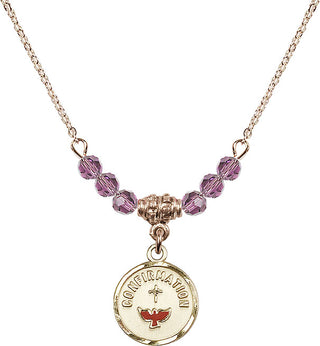 18" Hamilton Gold Plated Necklace with 4mm Light Amethyst Crystal Beads featuring a 14kt Gold Filled Confirmation Medal. Engraved Catholic Saint Jewelry