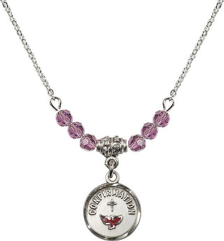 18" Rhodium Plated Necklace with 4mm Light Amethyst Crystal Beads featuring a Sterling Silver Confirmation Medal. Engraved Catholic Saint Jewelry