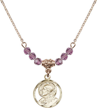 18" Hamilton Gold Plated Necklace with 4mm Light Amethyst Crystal Beads featuring a 14kt Gold Filled Scapular Medal.