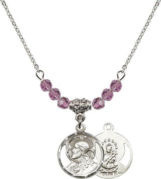 18" Rhodium Plated Necklace with 4mm Light Amethyst Crystal Beads featuring a Sterling Silver Scapular Medal.