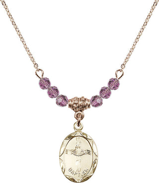 18" Hamilton Gold Plated Necklace with 4mm Light Amethyst Crystal Beads featuring a 14kt Gold Filled Baptism Medal. Engraved Catholic Saint Jewelry