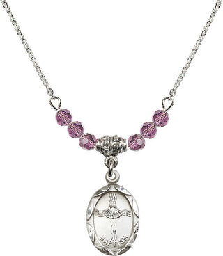 18" Rhodium Plated Necklace with 4mm Light Amethyst Crystal Beads featuring a Sterling Silver Baptism Medal. Engraved Catholic Saint Jewelry