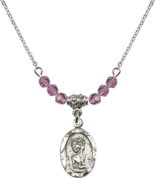 18" Rhodium Plated Necklace with 4mm Light Amethyst Crystal Beads featuring a Sterling Silver Saint Christopher Medal. Engraved Catholic Saint Jewelry