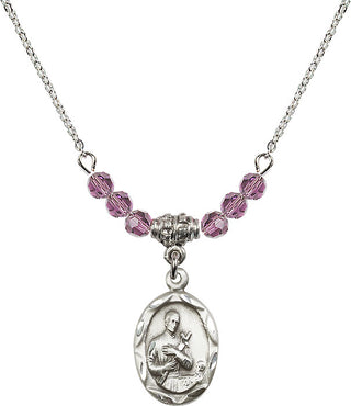 18" Rhodium Plated Necklace with 4mm Light Amethyst Crystal Beads featuring a Sterling Silver Saint Gerard Medal. Engraved Catholic Saint Jewelry