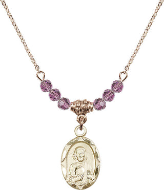 18" Hamilton Gold Plated Necklace with 4mm Light Amethyst Crystal Beads featuring a 14kt Gold Filled Saint Jude Medal. Engraved Catholic Saint Jewelry