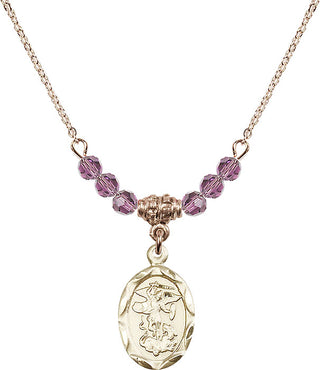 18" Hamilton Gold Plated Necklace with 4mm Light Amethyst Crystal Beads featuring a 14kt Gold Filled Saint Michael the Archangel Medal.