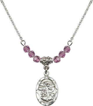 18" Rhodium Plated Necklace with 4mm Light Amethyst Crystal Beads featuring a Sterling Silver Saint Michael the Archangel Medal.