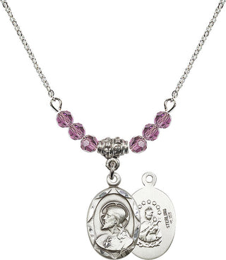 18" Rhodium Plated Necklace with 4mm Light Amethyst Crystal Beads featuring a Sterling Silver Scapular Medal.