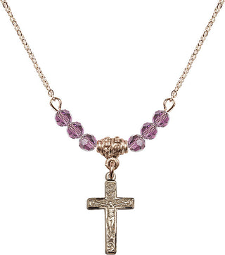18" Hamilton Gold Plated Necklace with 4mm Light Amethyst Crystal Beads featuring a 14kt Gold Filled Crucifix Medal.