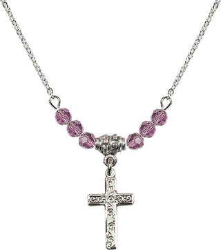 18" Rhodium Plated Necklace with 4mm Light Amethyst Crystal Beads featuring a Sterling Silver Cross Medal.