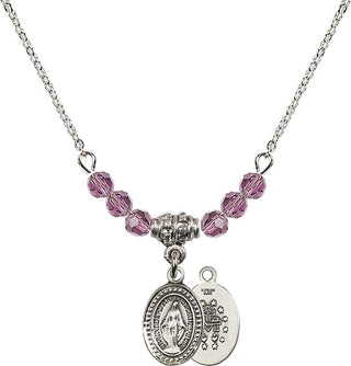 18" Rhodium Plated Necklace with 4mm Light Amethyst Crystal Beads featuring a Sterling Silver Miraculous Medal.