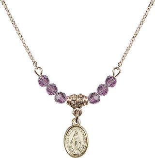 18" Hamilton Gold Plated Necklace with 4mm Light Amethyst Crystal Beads featuring a 14kt Gold Filled Miraculous Medal.