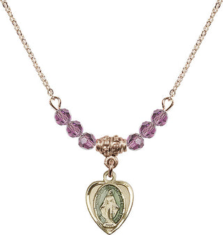 18" Hamilton Gold Plated Necklace with 4mm Light Amethyst Crystal Beads featuring a 14kt Gold Filled Miraculous Medal.
