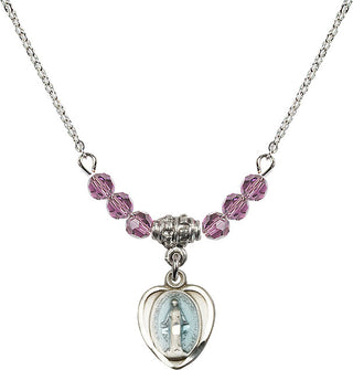 18" Rhodium Plated Necklace with 4mm Light Amethyst Crystal Beads featuring a Sterling Silver Miraculous Medal.