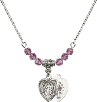 18" Rhodium Plated Necklace with 4mm Light Amethyst Crystal Beads featuring a Sterling Silver Miraculous Medal.