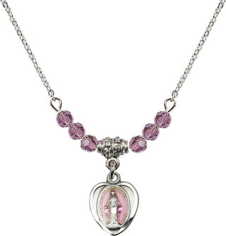 18" Rhodium Plated Necklace with 4mm Light Amethyst Crystal Beads featuring a Sterling Silver Miraculous Medal.