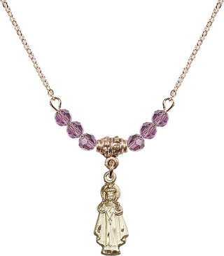 18" Hamilton Gold Plated Necklace with 4mm Light Amethyst Crystal Beads featuring a 14kt Gold Filled Infant of Prague Medal.