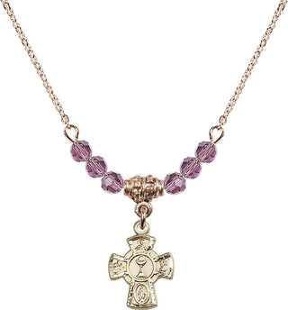 18" Hamilton Gold Plated Necklace with 4mm Light Amethyst Crystal Beads featuring a 14kt Gold Filled 5-Way / Chalice Medal.