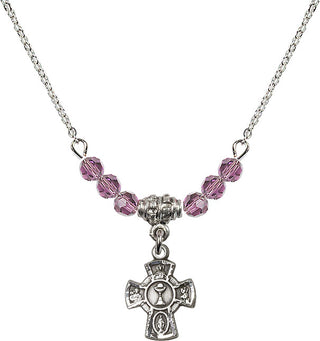 18" Rhodium Plated Necklace with 4mm Light Amethyst Crystal Beads featuring a Sterling Silver 5-Way / Chalice Medal.