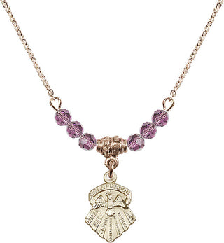 18" Hamilton Gold Plated Necklace with 4mm Light Amethyst Crystal Beads featuring a 14kt Gold Filled Seven Gifts Medal.