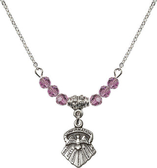 18" Rhodium Plated Necklace with 4mm Light Amethyst Crystal Beads featuring a Sterling Silver Seven Gifts Medal.