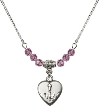 18" Rhodium Plated Necklace with 4mm Light Amethyst Crystal Beads featuring a Sterling Silver Heart / Confirmation Medal.