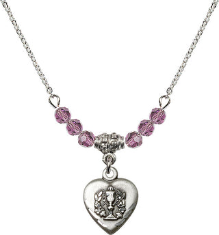 18" Rhodium Plated Necklace with 4mm Light Amethyst Crystal Beads featuring a Sterling Silver Heart / Communion Medal.
