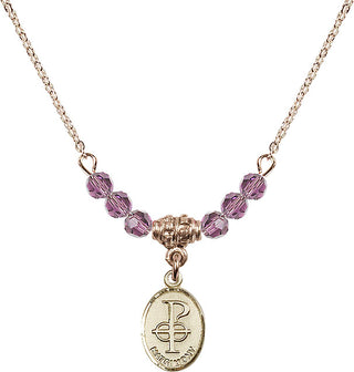 18" Hamilton Gold Plated Necklace with 4mm Light Amethyst Crystal Beads featuring a 14kt Gold Filled Matrimony Medal.